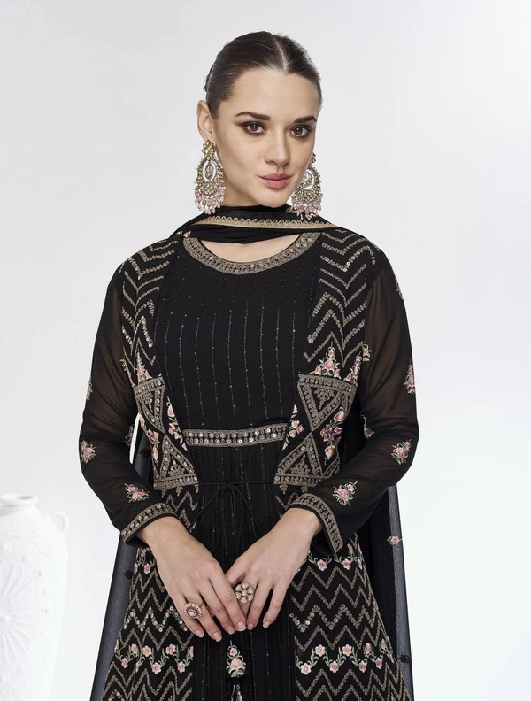 Azorte Fashion  Black Embroidered Gown with Jacket & Dupatta – Full Stitched - L (40)