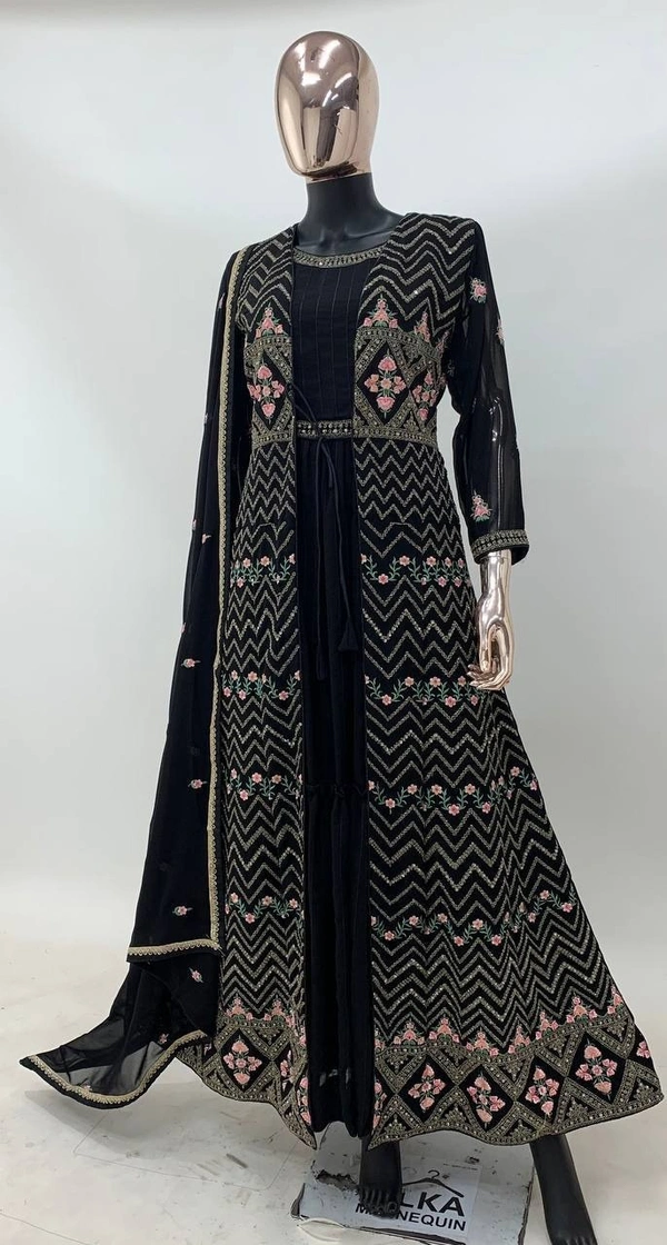 Azorte Fashion  Black Embroidered Gown with Jacket & Dupatta – Full Stitched - L (40)