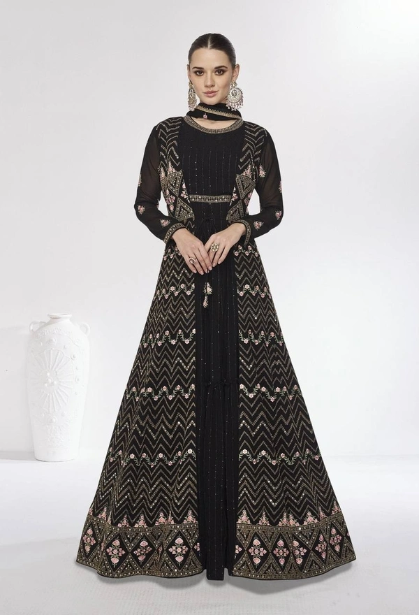 Azorte Fashion  Black Embroidered Gown with Jacket & Dupatta – Full Stitched - L (40)