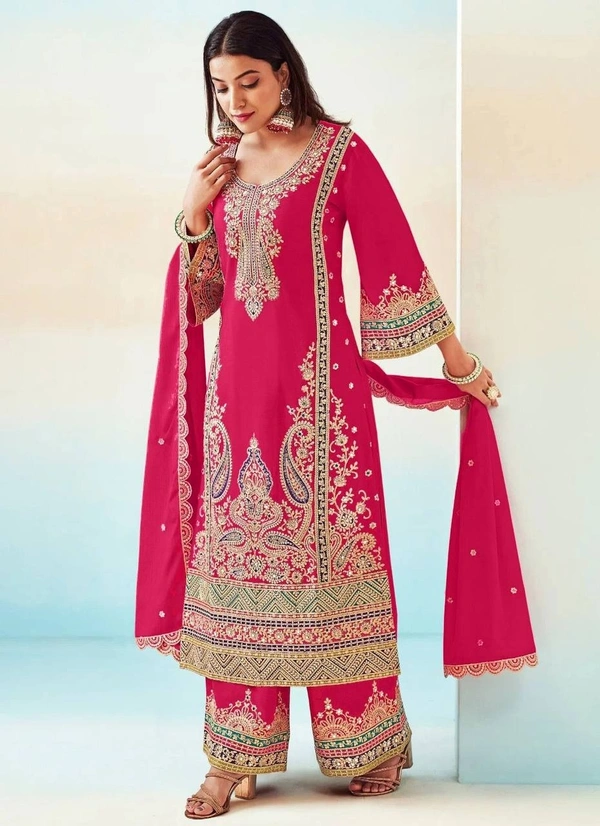 Azorte Fashion Designer Chinon Embroidered Palazzo Suit – Full Stitched - L (40)