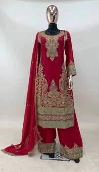 Azorte Fashion Designer Chinon Embroidered Palazzo Suit – Full Stitched - L (40)