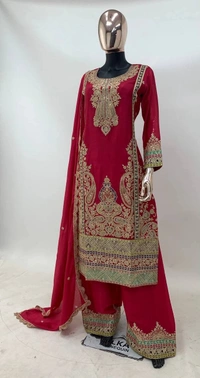 Azorte Fashion Designer Chinon Embroidered Palazzo Suit – Full Stitched - L (40)
