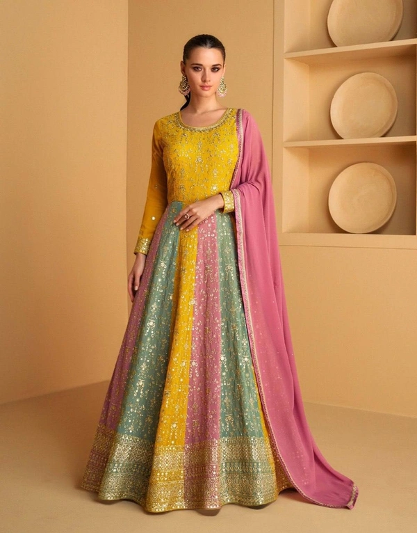 Azorte Fashion  Premium Designer Faux Georgette Embroidered Gown – Full Stitched - XL (42)