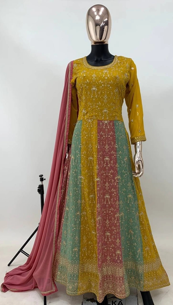 Azorte Fashion  Premium Designer Faux Georgette Embroidered Gown – Full Stitched - XL (42)