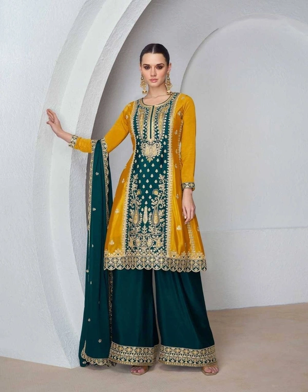 Azorte Fashion Designer Chinon Embroidered Palazzo Suit – Full Stitched - XXL (44)