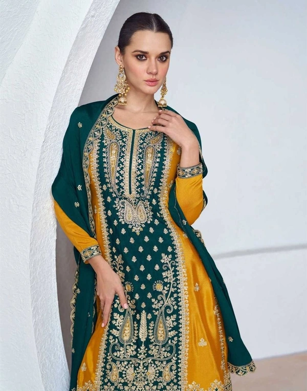 Azorte Fashion Designer Chinon Embroidered Palazzo Suit – Full Stitched - XXL (44)