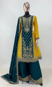 Azorte Fashion Designer Chinon Embroidered Palazzo Suit – Full Stitched - XXL (44)