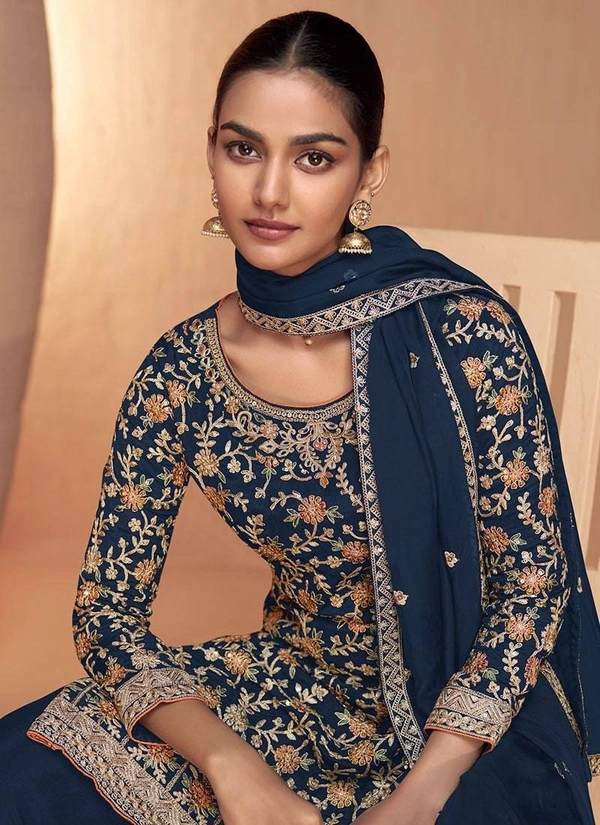 Azorte Fashion Designer Chinon Embroidered Palazzo Suit – Full Stitched - L (40)