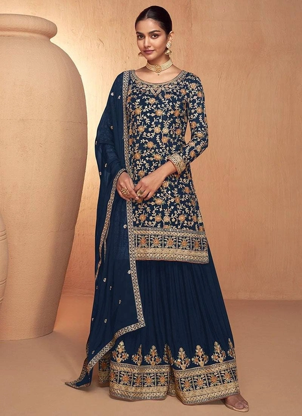 Azorte Fashion Designer Chinon Embroidered Palazzo Suit – Full Stitched - L (40)