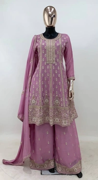 Azorte Fashion Designer Chinon Embroidered Palazzo Suit – Full Stitched - XL (42)