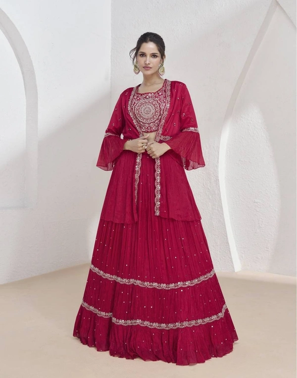 Azorte Fashion Designer Embroidered Chinon Lehenga with Jacket & Dupatta – Full Stitched  - L (40)