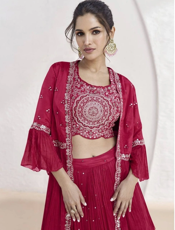 Azorte Fashion Designer Embroidered Chinon Lehenga with Jacket & Dupatta – Full Stitched  - L (40)