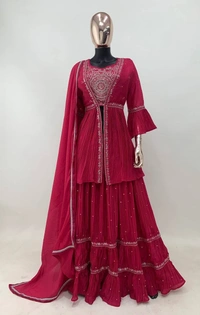 Azorte Fashion Designer Embroidered Chinon Lehenga with Jacket & Dupatta – Full Stitched  - L (40)