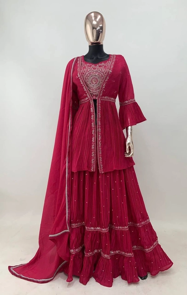 Azorte Fashion Designer Embroidered Chinon Lehenga with Jacket & Dupatta – Full Stitched  - L (40)