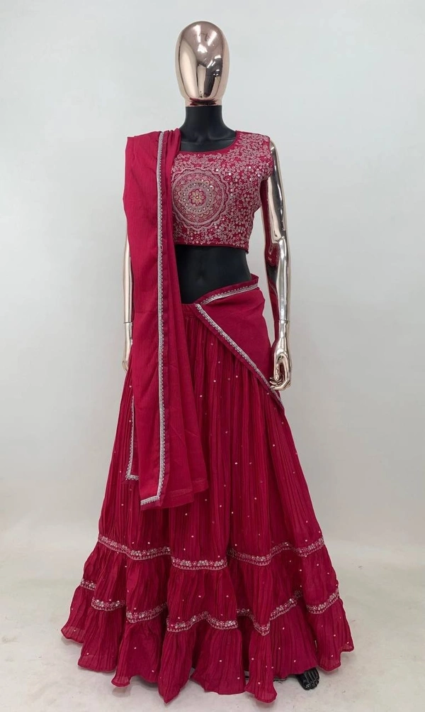 Azorte Fashion Designer Embroidered Chinon Lehenga with Jacket & Dupatta – Full Stitched  - L (40)