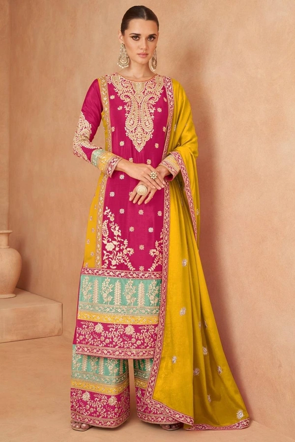Azorte Fashion Designer Chinon Embroidered Palazzo Suit – Full Stitched - L (40)