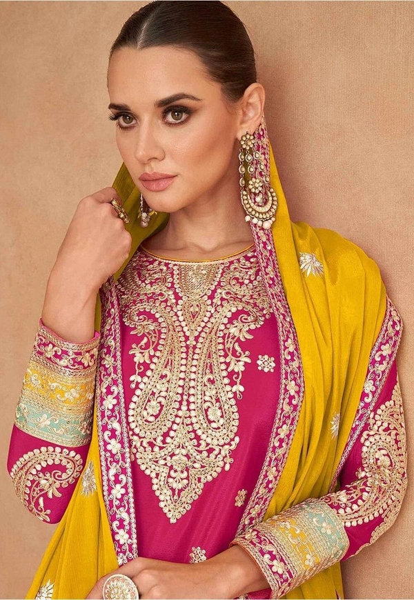 Azorte Fashion Designer Chinon Embroidered Palazzo Suit – Full Stitched - L (40)