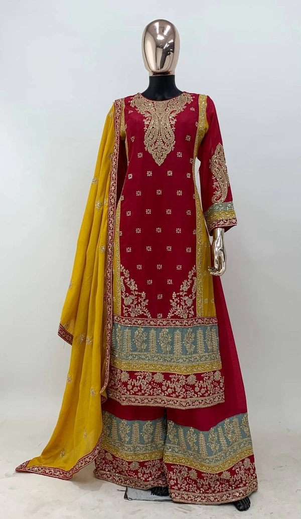 Azorte Fashion Designer Chinon Embroidered Palazzo Suit – Full Stitched - L (40)