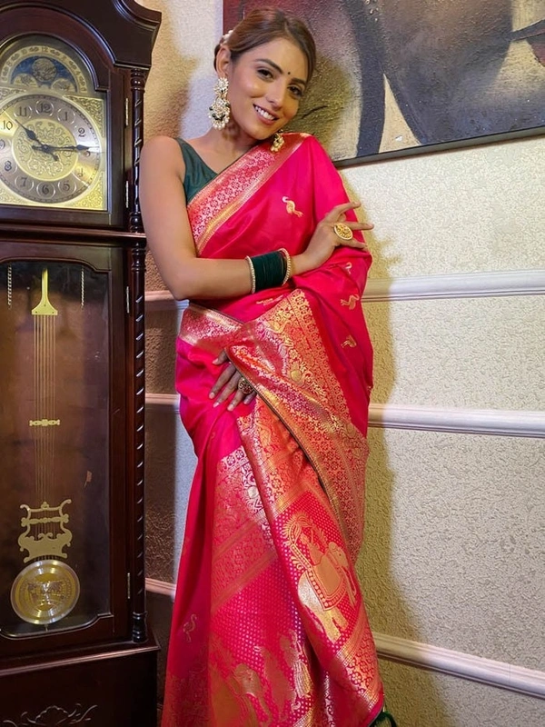 Azorte Fashion Azorte Banarasi Soft Silk Saree with Zari Work & Jacquard Border – Timeless Elegance - Pink