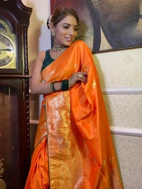 Azorte Fashion Azorte Banarasi Soft Silk Saree with Zari Work & Jacquard Border – Timeless Elegance - Orange