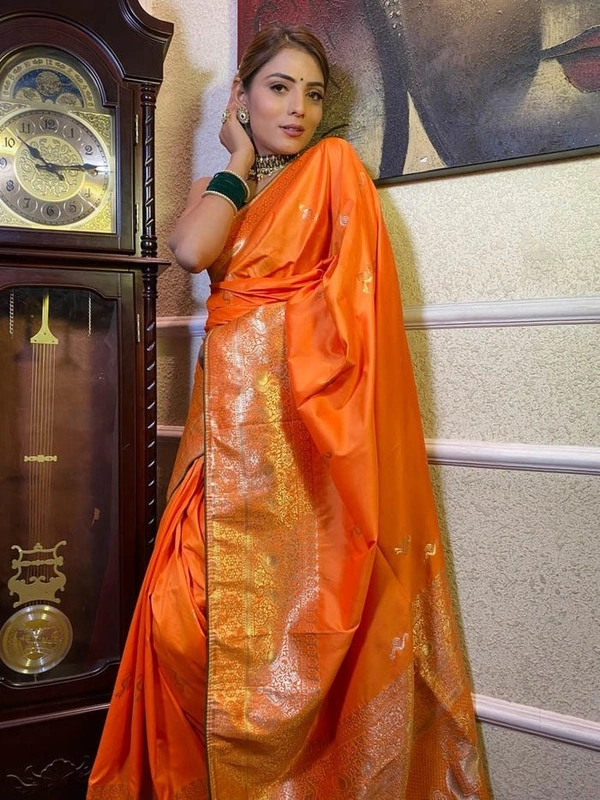 Azorte Fashion Azorte Banarasi Soft Silk Saree with Zari Work & Jacquard Border – Timeless Elegance - Orange