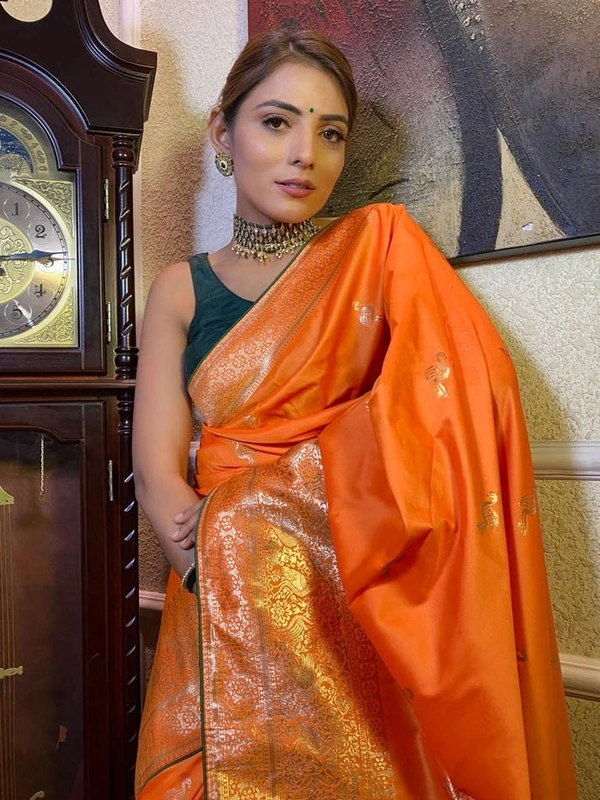 Azorte Fashion Azorte Banarasi Soft Silk Saree with Zari Work & Jacquard Border – Timeless Elegance - Orange