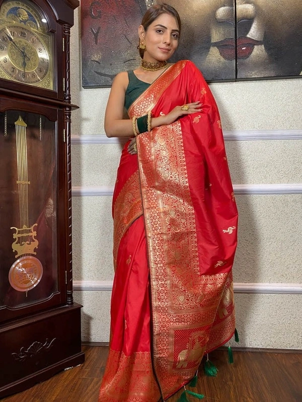 Azorte Fashion Azorte Banarasi Soft Silk Saree with Zari Work & Jacquard Border – Timeless Elegance - Red