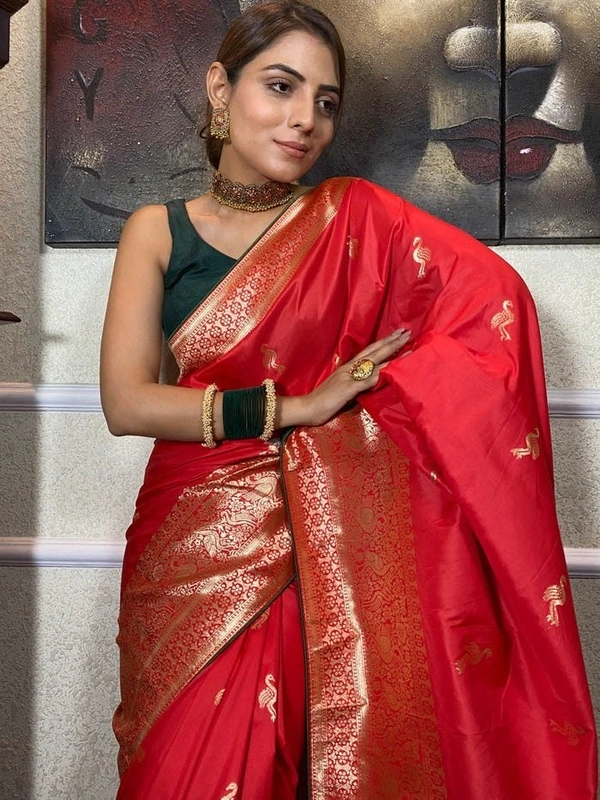 Azorte Fashion Azorte Banarasi Soft Silk Saree with Zari Work & Jacquard Border – Timeless Elegance - Red