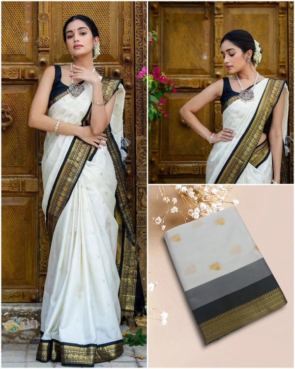 Azorte Fashion Buy Stunning White Soft Lichi Silk Saree with Black Jacquard Blouse – Premium Quality