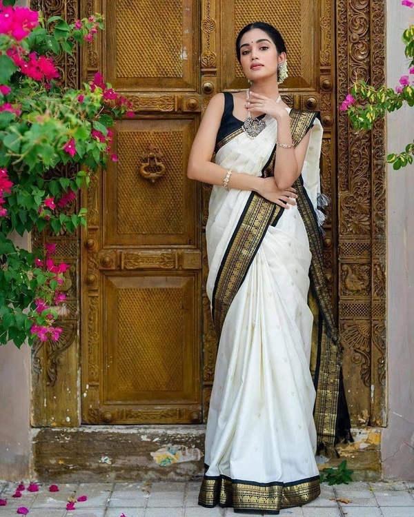 Azorte Fashion Buy Stunning White Soft Lichi Silk Saree with Black Jacquard Blouse – Premium Quality
