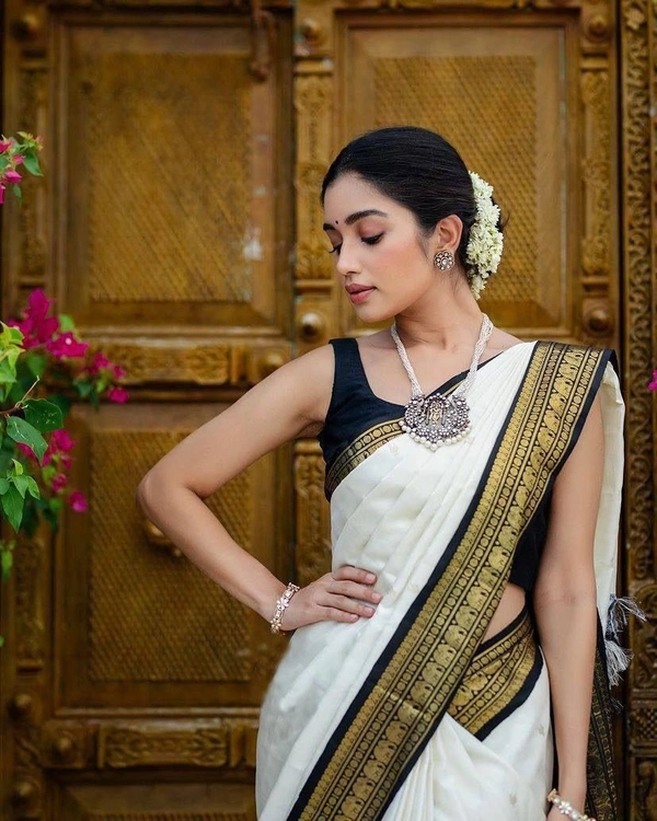 Azorte Fashion Buy Stunning White Soft Lichi Silk Saree with Black Jacquard Blouse – Premium Quality