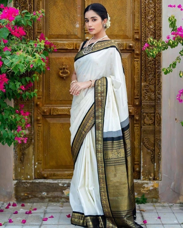 Azorte Fashion Buy Stunning White Soft Lichi Silk Saree with Black Jacquard Blouse – Premium Quality