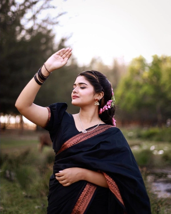 Azorte Fashion Soft Lichi Silk Saree with Rich Pallu & Jacquard Work | Premium Ethnic Wear - Black