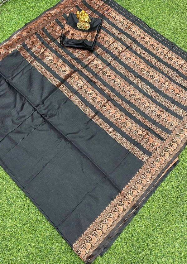 Azorte Fashion Soft Lichi Silk Saree with Rich Pallu & Jacquard Work | Premium Ethnic Wear - Black