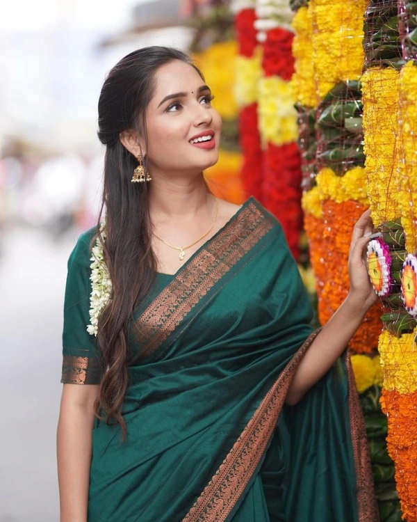 Azorte Fashion Soft Lichi Silk Saree with Rich Pallu & Jacquard Work | Premium Ethnic Wear - Dark Green