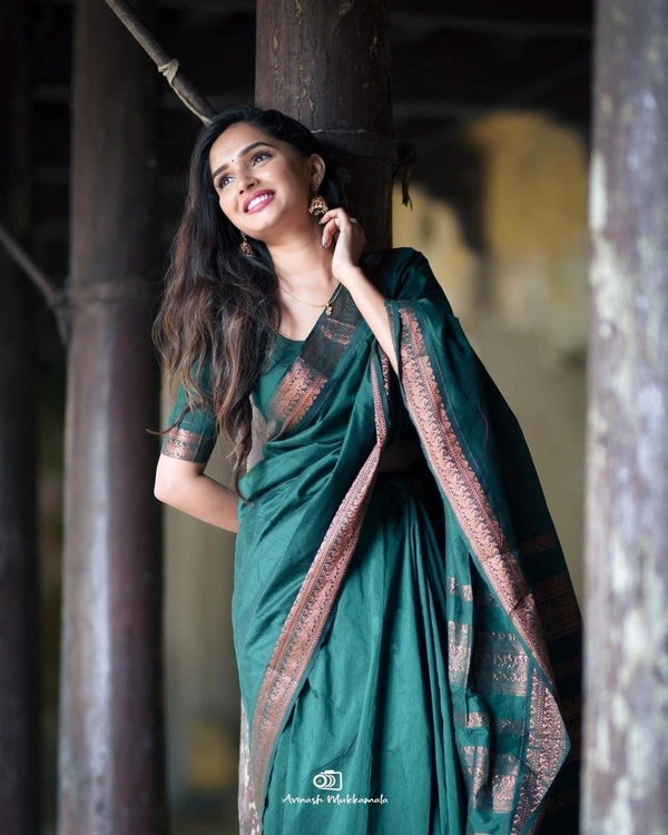 Azorte Fashion Soft Lichi Silk Saree with Rich Pallu & Jacquard Work | Premium Ethnic Wear - Dark Green