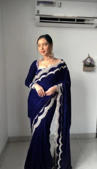 Azorte Fashion Luxury 9000 Velvet Ready-to-Wear Saree – Heavy Work & Double Lace Border - Navy Blue