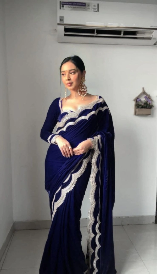 Azorte Fashion Luxury 9000 Velvet Ready-to-Wear Saree – Heavy Work & Double Lace Border - Navy Blue