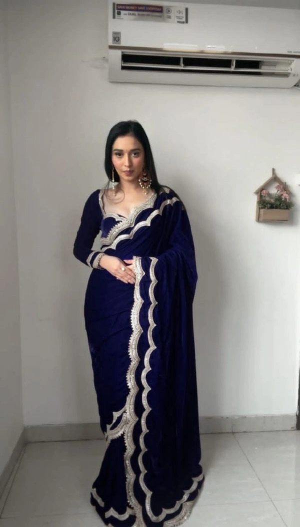 Azorte Fashion Luxury 9000 Velvet Ready-to-Wear Saree – Heavy Work & Double Lace Border - Navy Blue