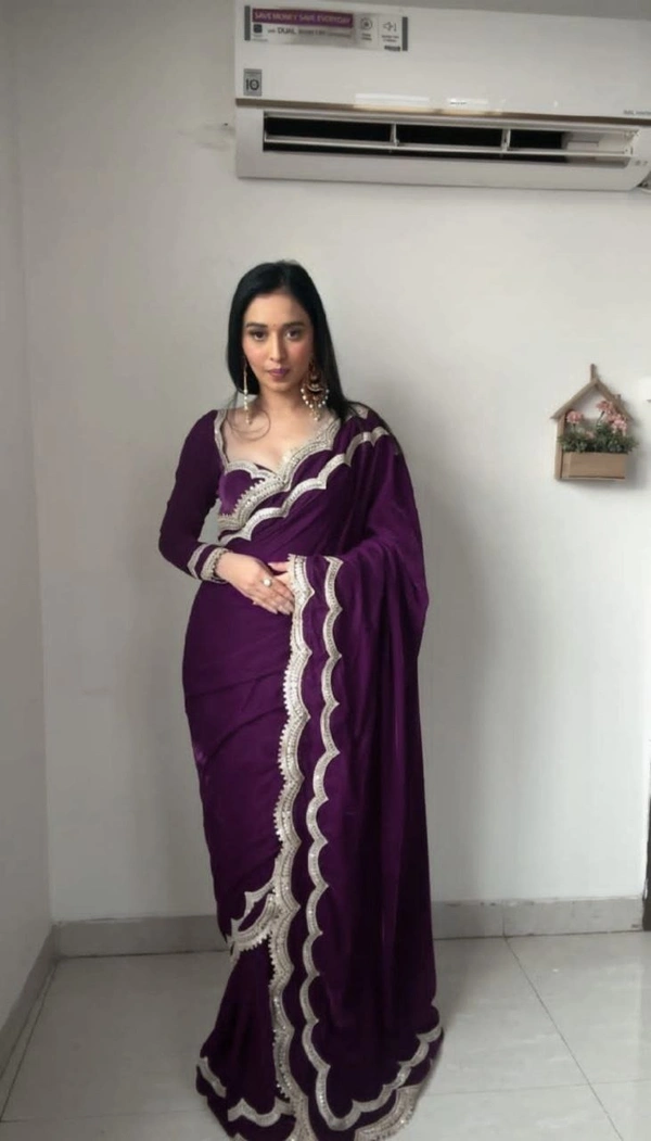 Azorte Fashion Luxury 9000 Velvet Ready-to-Wear Saree – Heavy Work & Double Lace Border - Wine