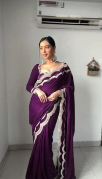 Azorte Fashion Luxury 9000 Velvet Ready-to-Wear Saree – Heavy Work & Double Lace Border - Wine
