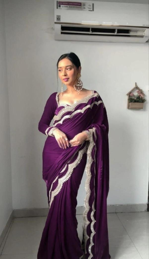 Azorte Fashion Luxury 9000 Velvet Ready-to-Wear Saree – Heavy Work & Double Lace Border - Wine
