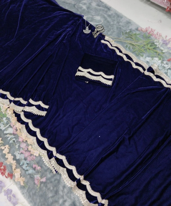 Azorte Fashion Luxury 9000 Velvet Ready-to-Wear Saree – Heavy Work & Double Lace Border - Navy Blue