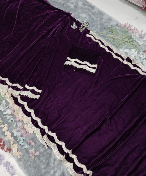 Azorte Fashion Luxury 9000 Velvet Ready-to-Wear Saree – Heavy Work & Double Lace Border - Wine