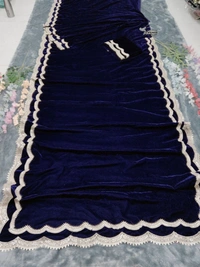 Azorte Fashion Luxury 9000 Velvet Ready-to-Wear Saree – Heavy Work & Double Lace Border - Navy Blue