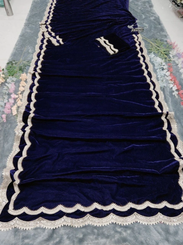 Azorte Fashion Luxury 9000 Velvet Ready-to-Wear Saree – Heavy Work & Double Lace Border - Navy Blue
