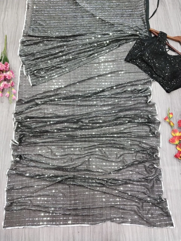 Azorte Fashion Elegant Ready-to-Wear Net Saree – Heavy Tikli Work & Sequins Blouse | Black Color - Black