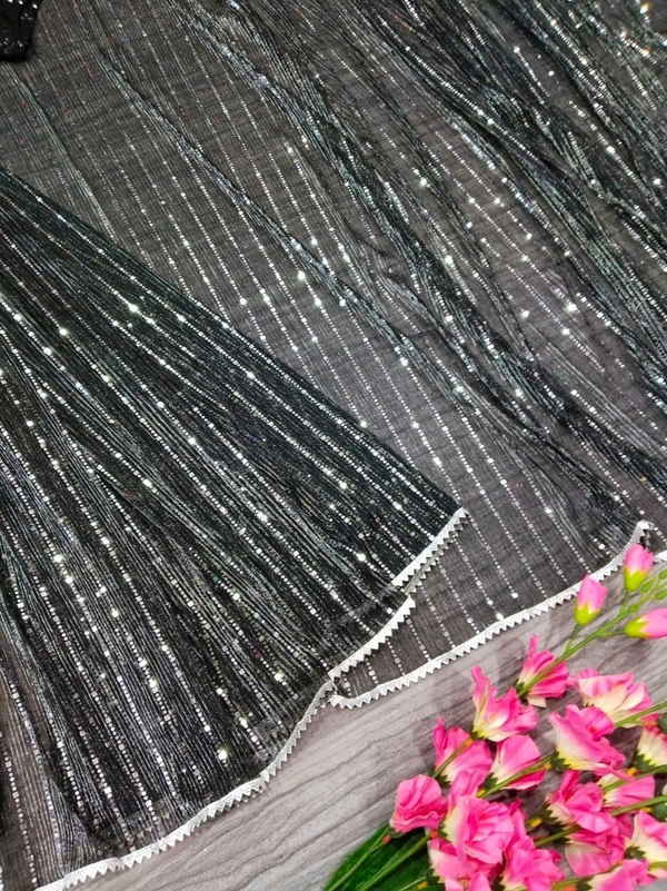 Azorte Fashion Elegant Ready-to-Wear Net Saree – Heavy Tikli Work & Sequins Blouse | Black Color - Black