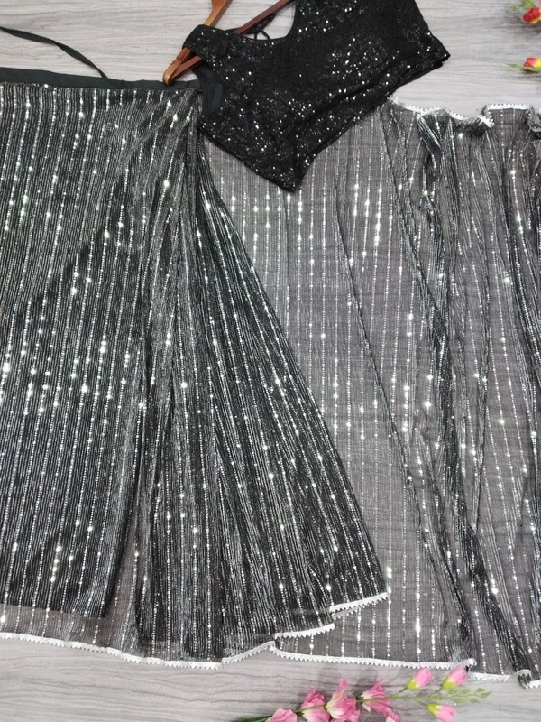 Azorte Fashion Elegant Ready-to-Wear Net Saree – Heavy Tikli Work & Sequins Blouse | Black Color - Black