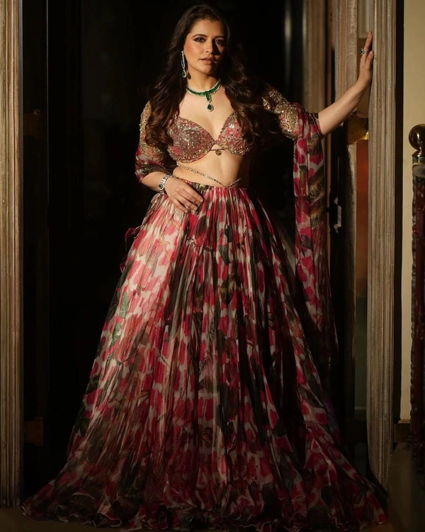 Azorte Fashion Premium Tabby Organza Silk Lehenga – Floral Print, Embroidery & Sequins Work 